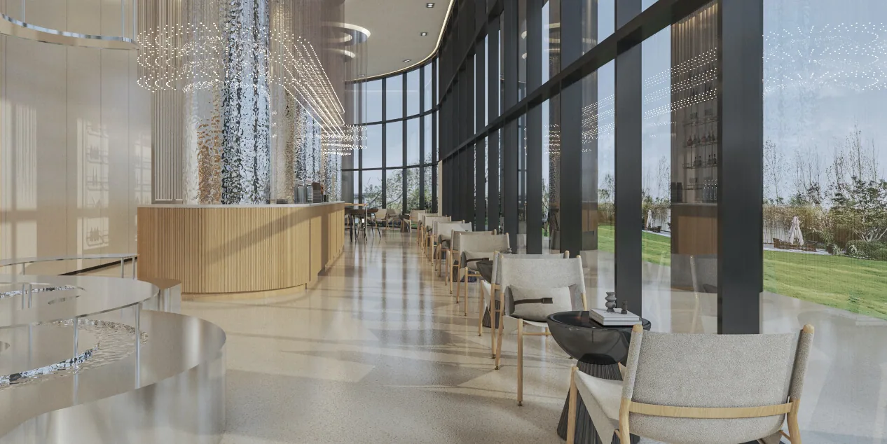 Interior design render — reception lounge with chandelier and long table.