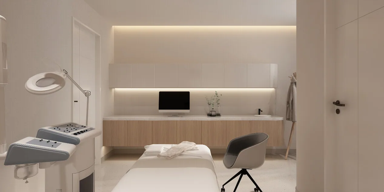 Interior design render — consultation room with examination lamp and bed.