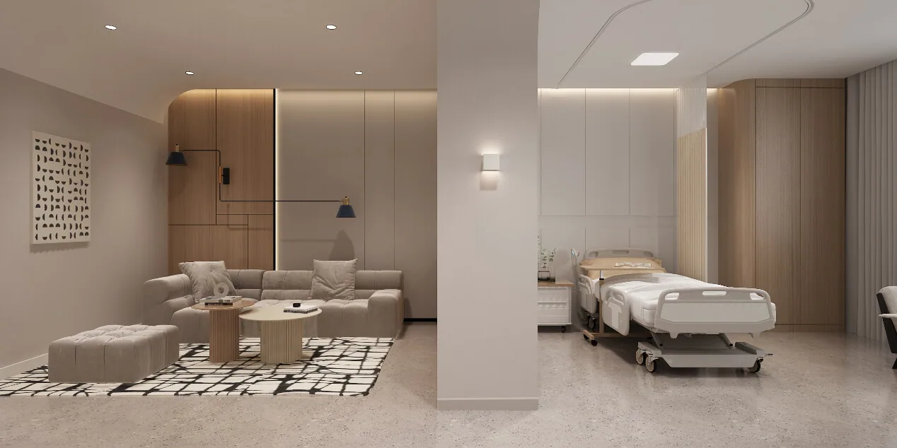 Interior design render — inpatient suite with sofa area and bed.