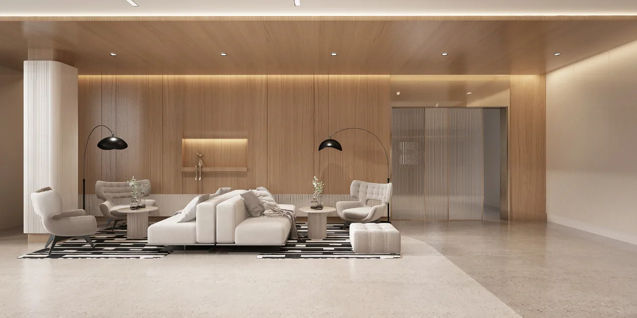 Interior design render — lounge with timber wall and armchairs.