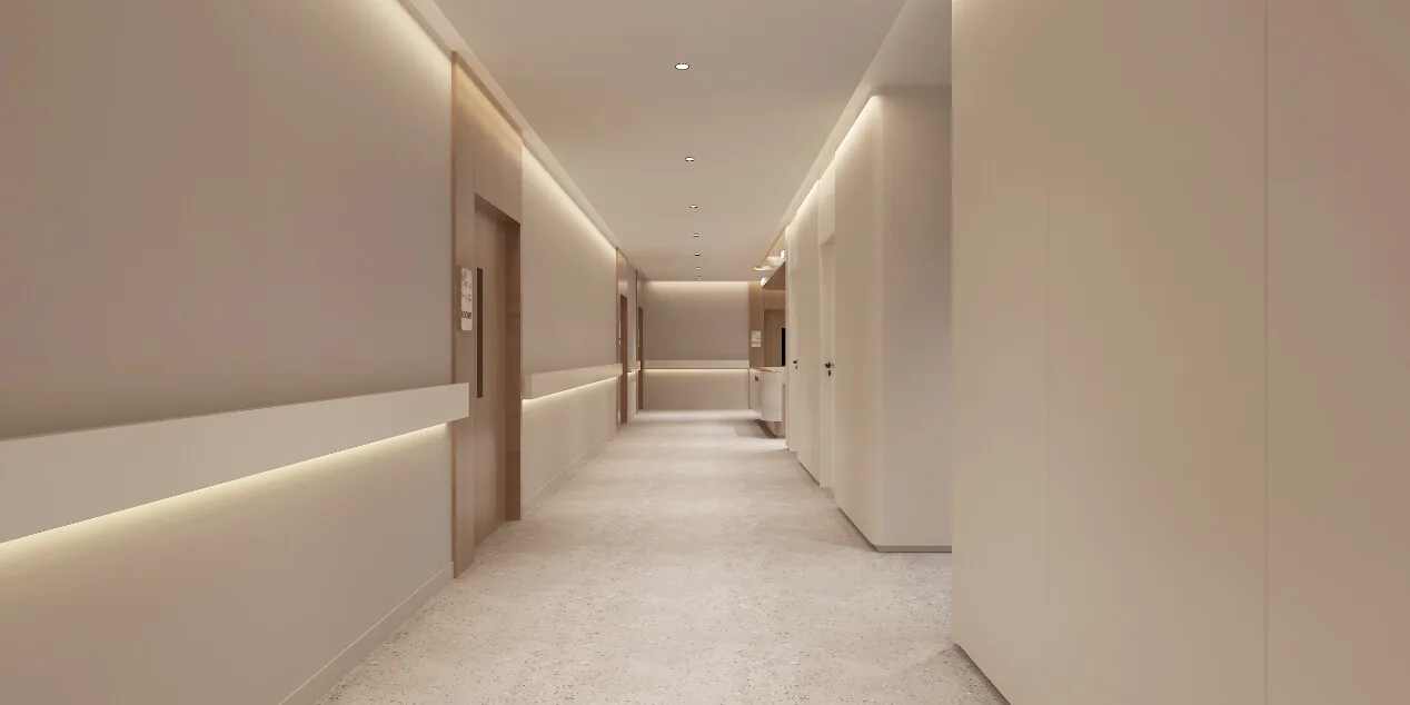 Interior design render — corridor with handrail and concealed lighting.