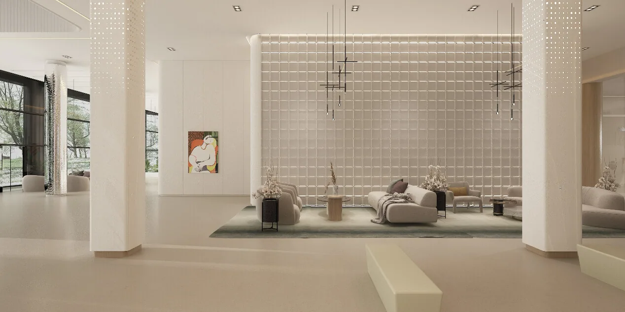 Interior design render — art hall with glass-brick wall and seating.